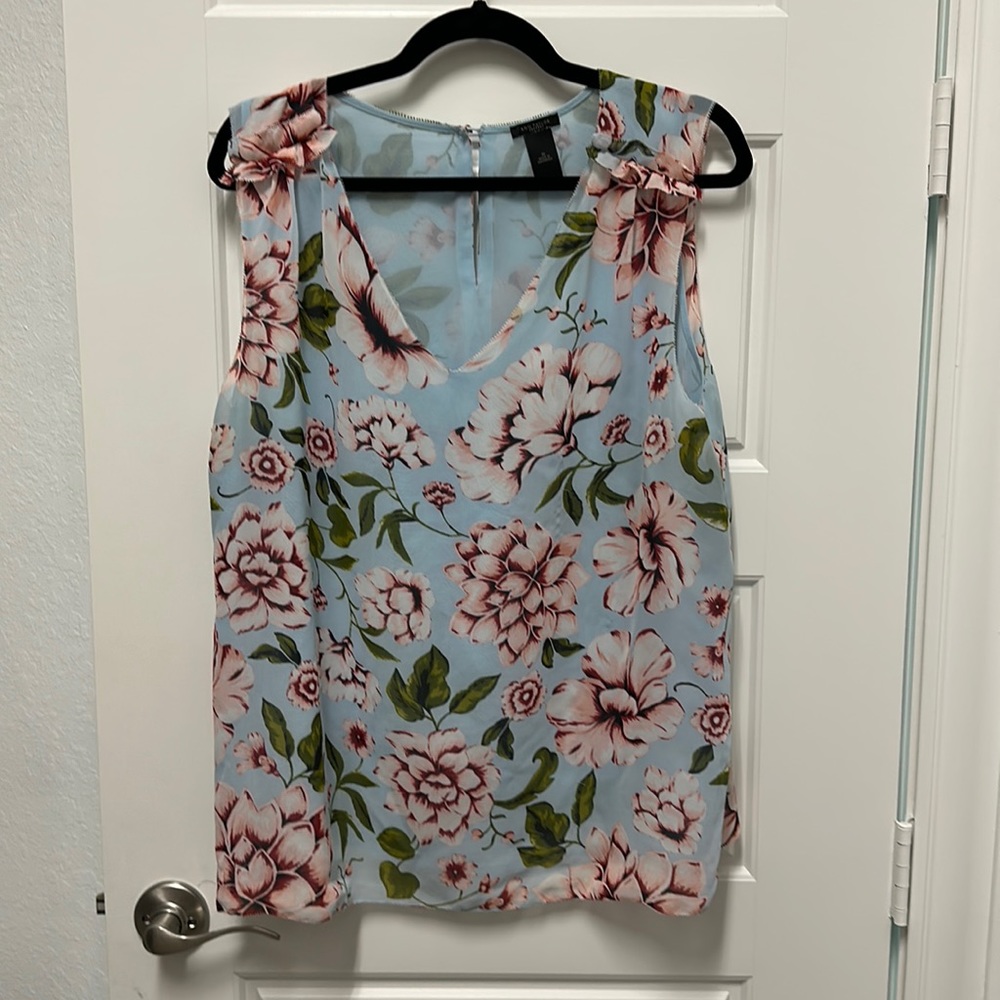 Ann Taylor floral blouse with ruffle shoulder accent
